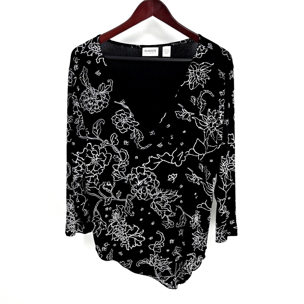 Chicos Travelers Slinky Shirt‎ Top Asymmetric Size 2 US Large Black White Floral